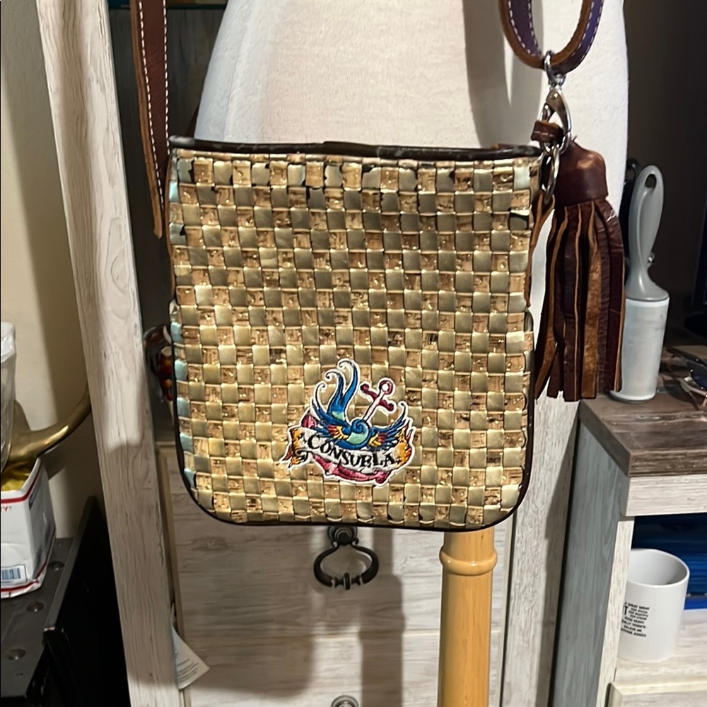 Consuela Woven Tan and Brown Crossbody Bag